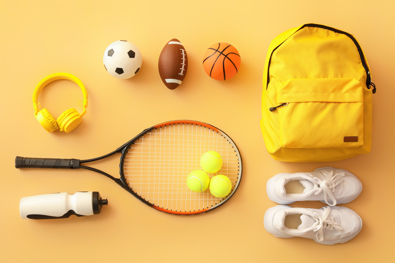 Set of Sport Equipment on Color Background