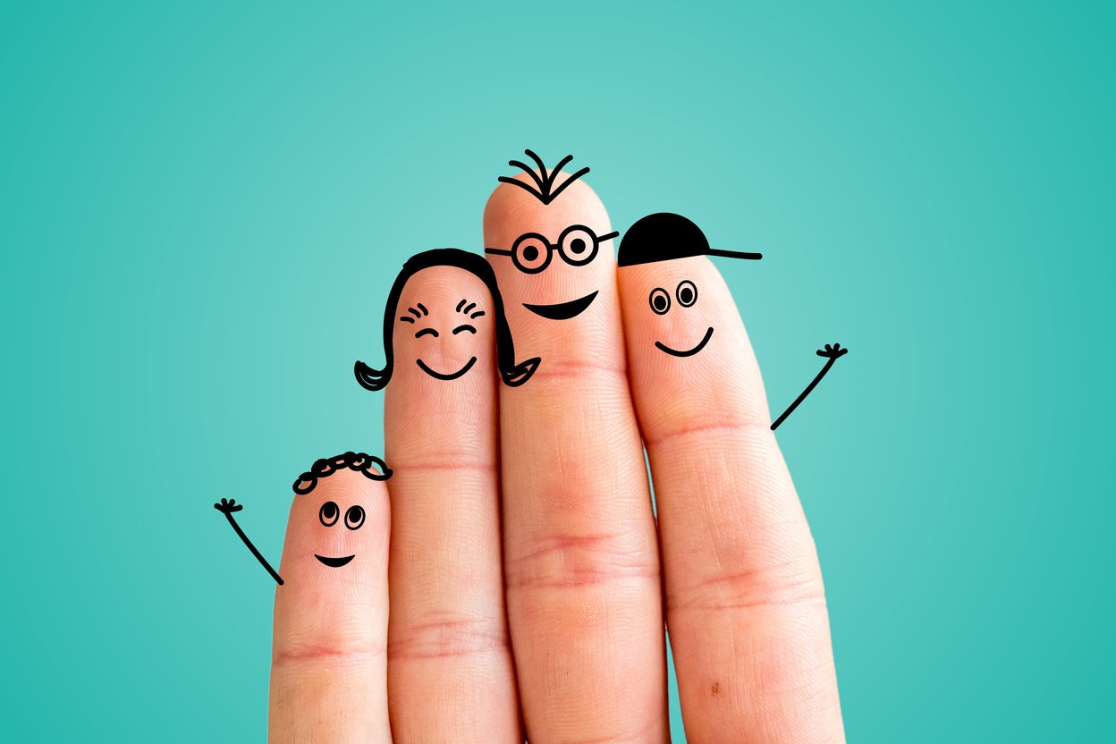 Finger family concept: Joyful finger family smiling. Blue background.